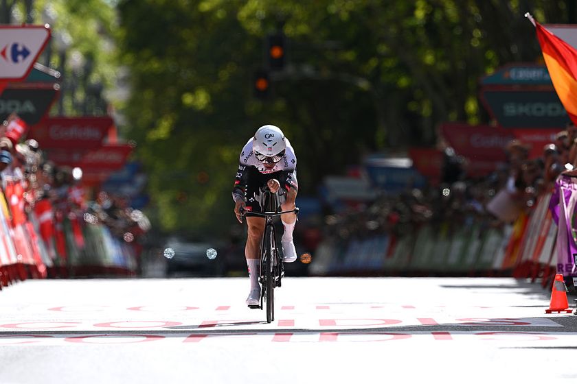 VALLADOLID, SPAIN - SEPTEMBER 11: Joao Almeida of Portugal and UAE Team Emirates - XRG crosses the finish line during the La Vuelta - 80th Tour of Spain 2025, Stage 18 a 12.2km individual time trial stage from Valladolid to Valladolid / Stage shortened for safety reasons / #UCIWT / on September 11, 2025 in Valladolid, Spain. (Photo by Dario Belingheri/Getty Images)