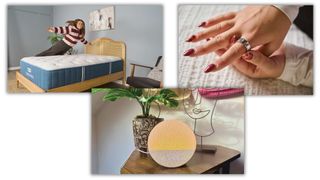 A girl in stripey jumper jumping on navy and white Bear Elite Hybrid mattress (top right). A woman's hand with pink nails putting silver Oura Ring on index finger (top left). The Dreamegg sunrise alarm clock on orange light on wooden table with plant (bottom centre)