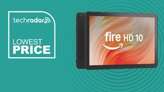 The Amazon Fire HD 10 on a blue background with text saying Lowest Price.