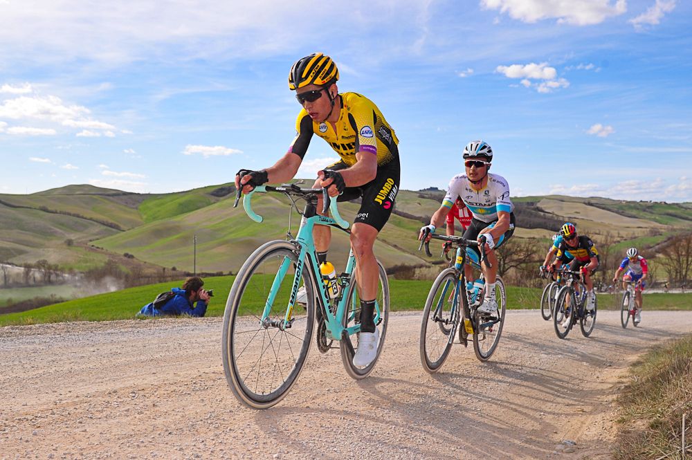 Wout Van Aert (Jumbo-Visma) leads Alexey Lutsenko (Astana) at Strade Bianche
