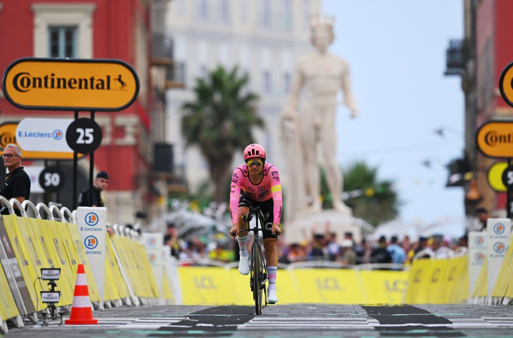 NICE FRANCE JULY 21 Stefan Bissegger of Switzerland and Team EF Education EasyPost crosses the finish line during the 111th Tour de France 2024 Stage 21 a 337km individual time trial from Monaco to Nice UCIWT on July 21 2024 in Nice France Photo by Tim de WaeleGetty Images