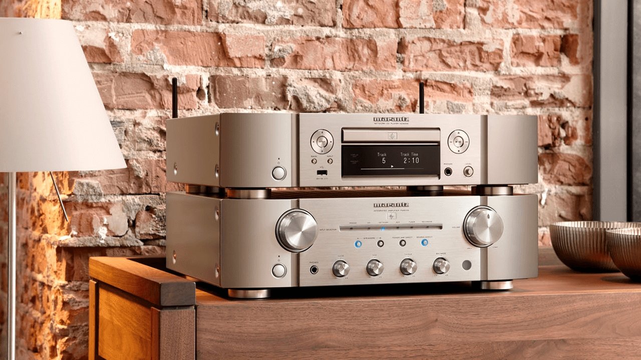 Marantz Nd8006 Digital Media Player in silver on top of a receiver