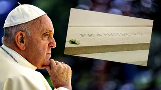 A side profile of Pope Francis with a super-imposed image of a tomb reading 'Franciscvs' featuring bad kerning
