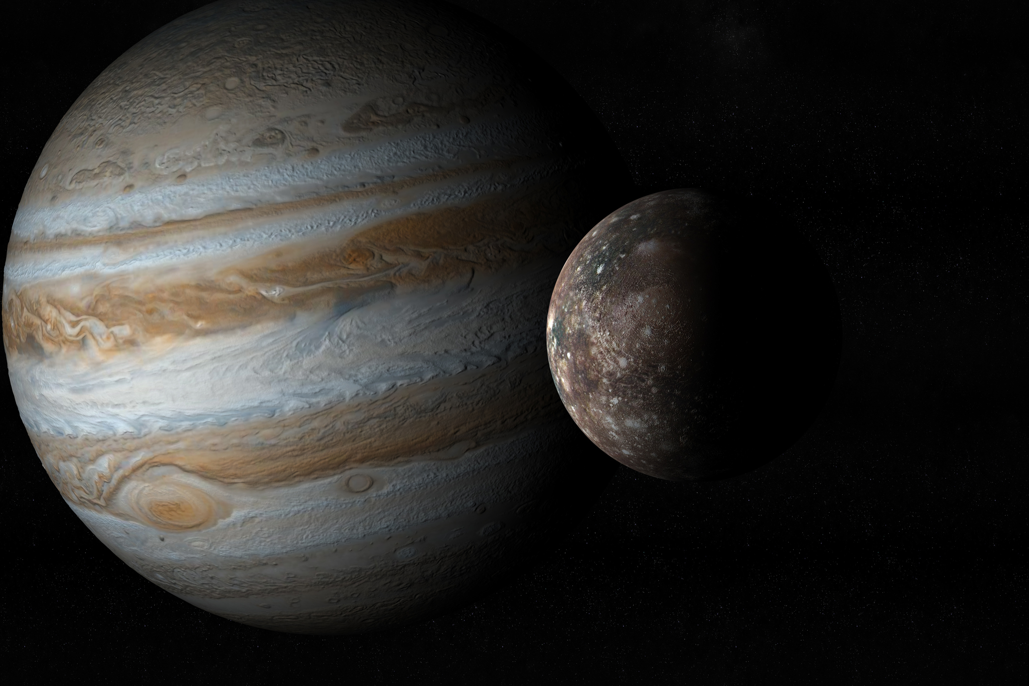 En illustrasjon av Jupiter og dens måne Callisto.
