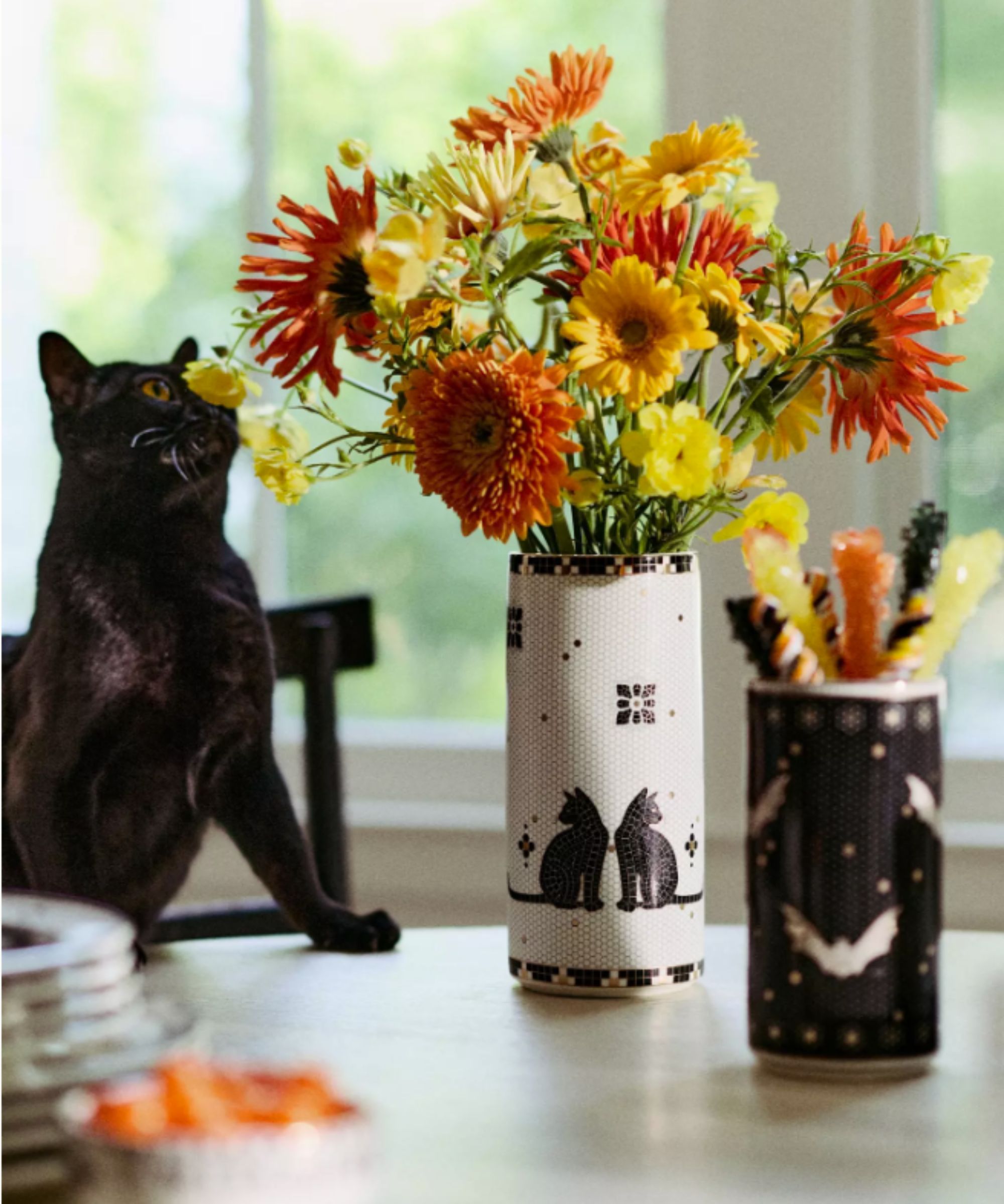 Halloween vases filled with yellow and orange flowers and a black cat in the background