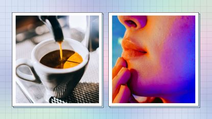 close-up shot of espresso dripping into a cup next to a close-up shot of a girl with acne touching her face on a grid design colorful background