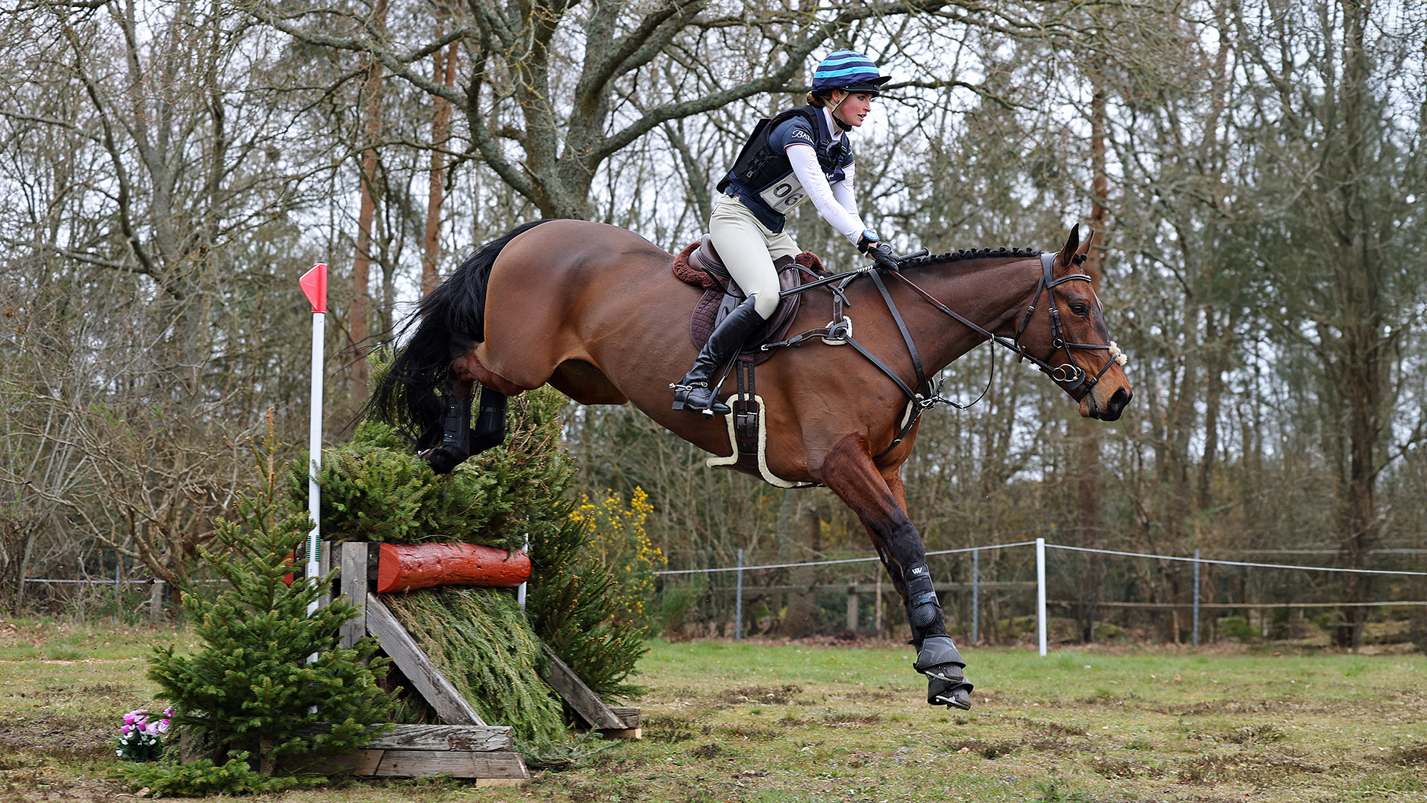A rider and a bay horse land over a cross-country fence