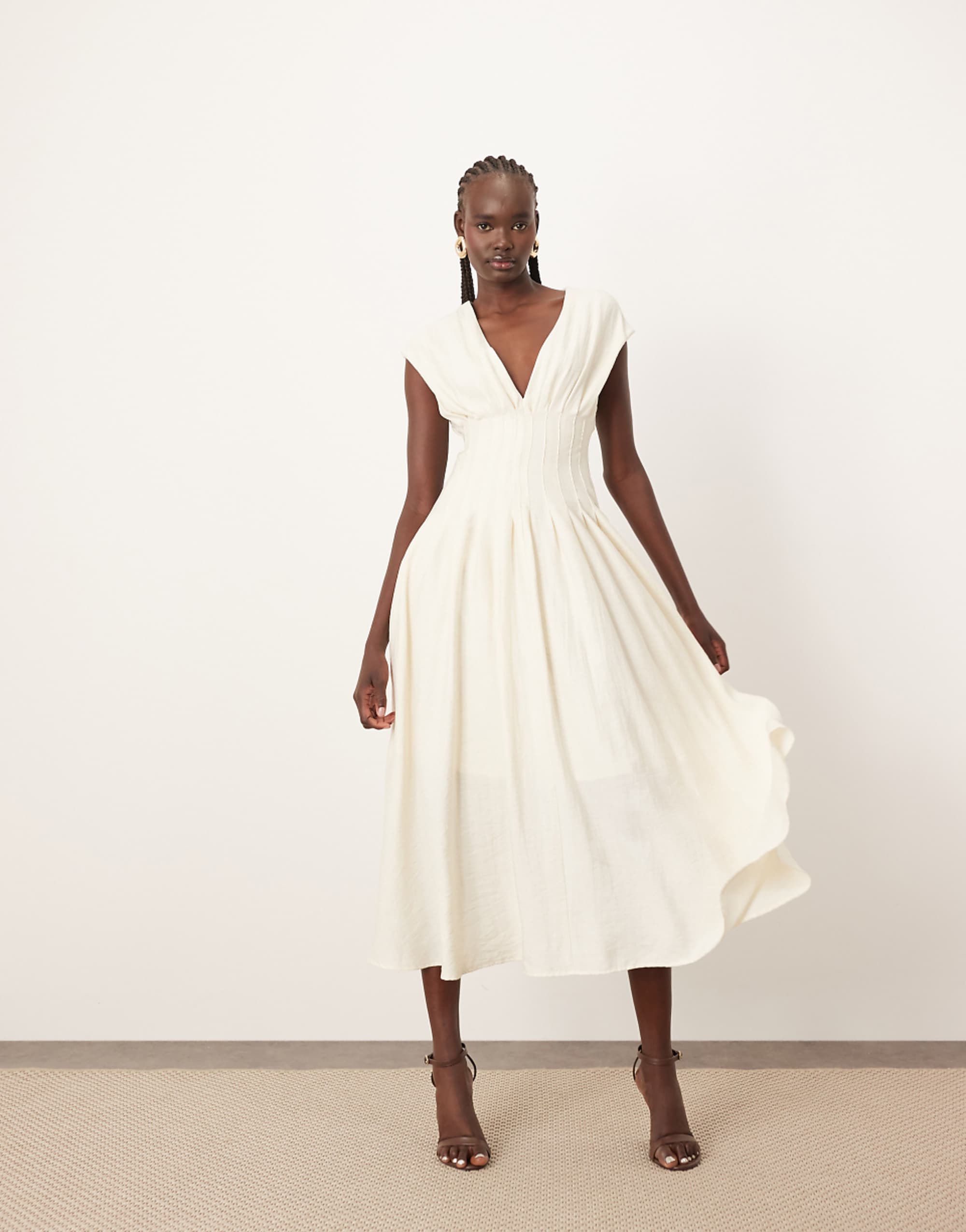 Arrange Premium Structured Linen Pleat Waist Midi Dress With Tie Back Detail in Natural