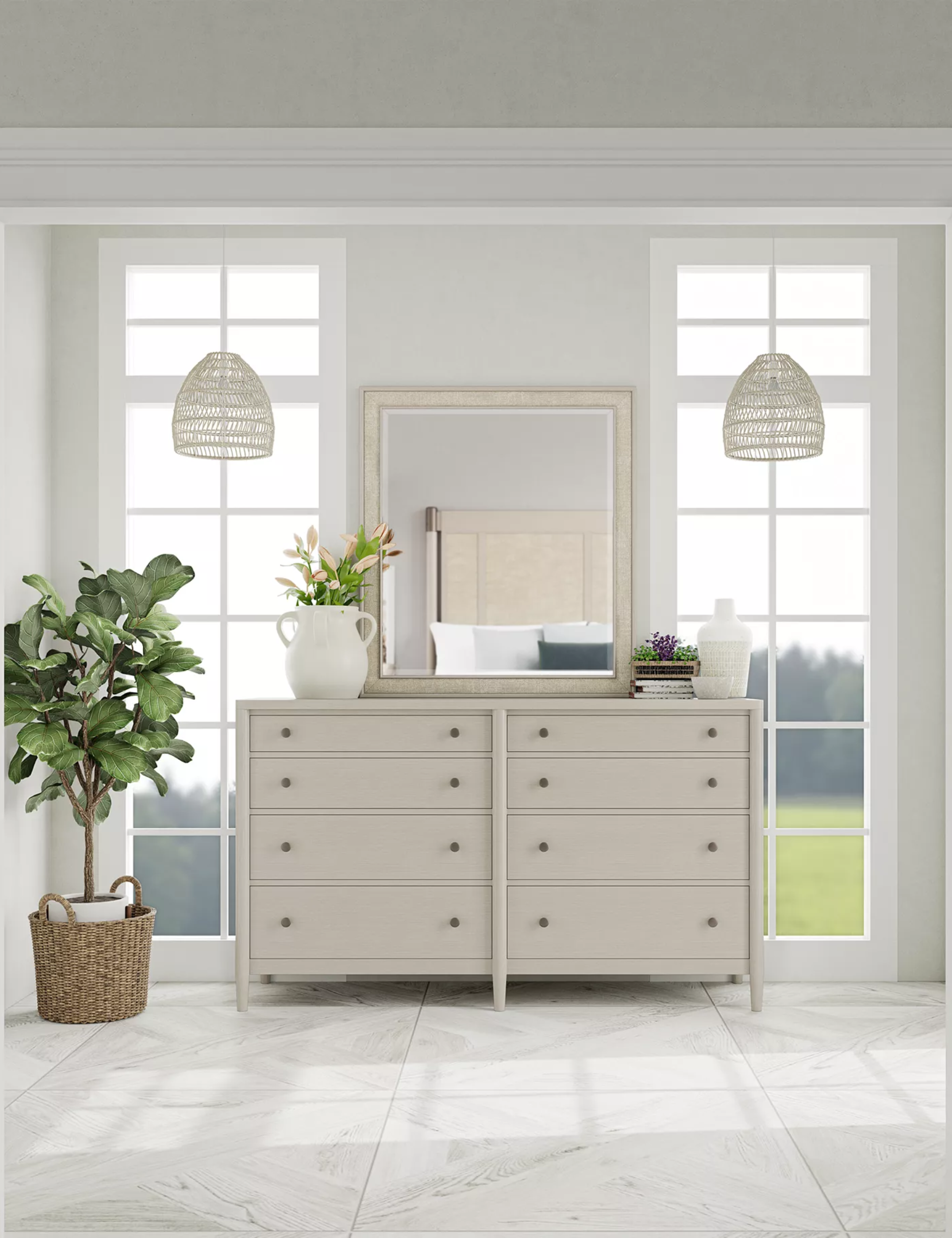 macy's pale grey wooden dresser in a neutral farmhouse bedroom styled with a mirror and vase