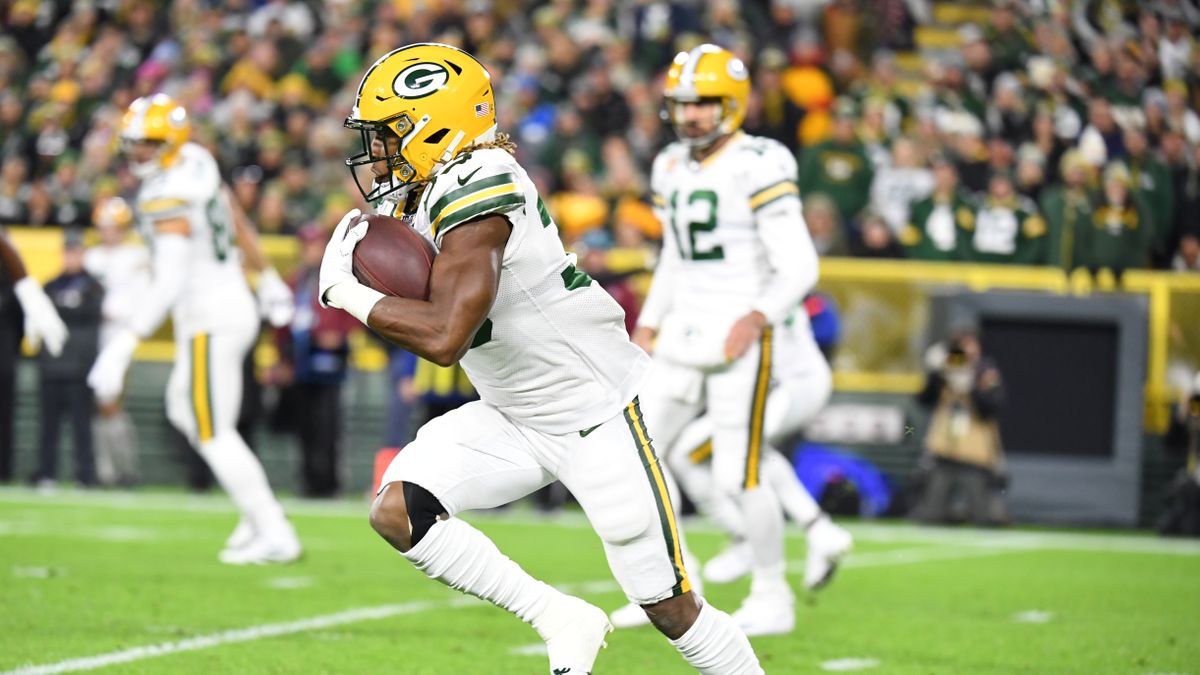 Aaron Jones (33) of the Green Bay Packers during a regular season Monday Night Football game