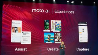 A Motorola executive showcasing Moto AI on stage