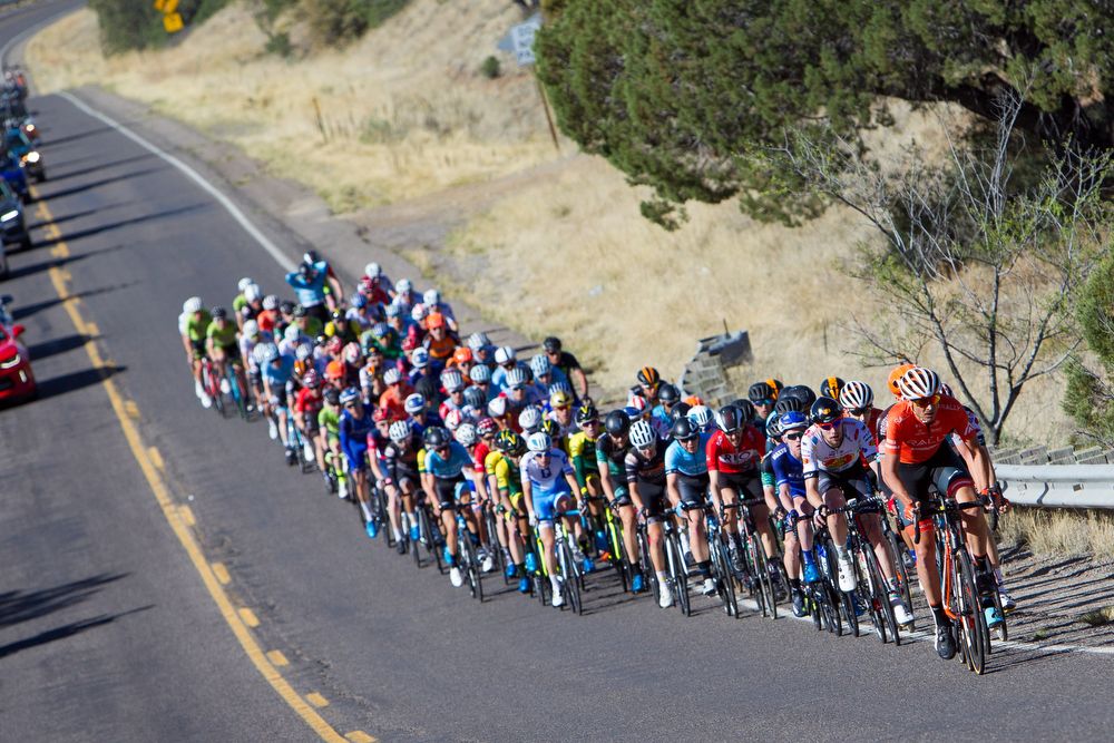 The peloton starts a climb during stage 2 at Tour of the Gila.