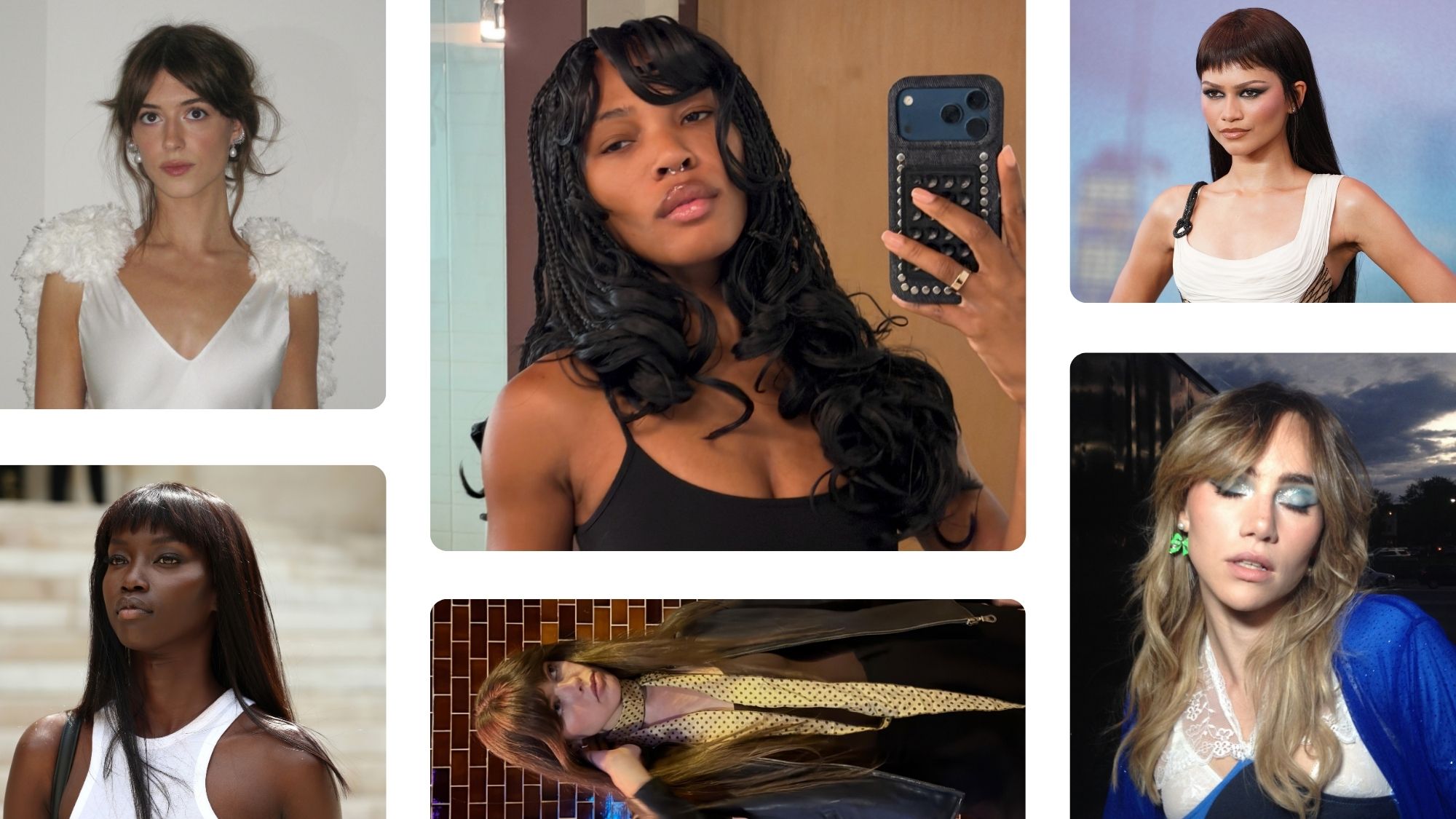 Collage of celebrities and influencers wearing bang styles that are trending for fall.