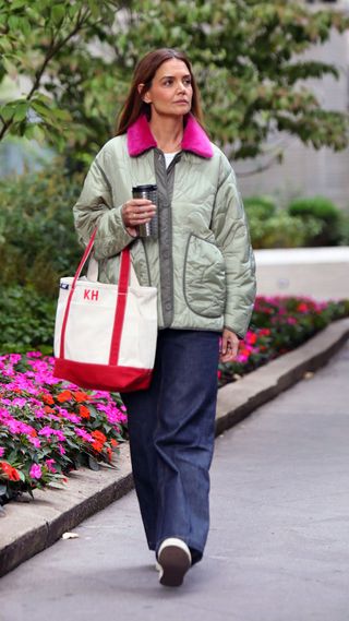 Katie Holmes carries a Lands' End canvas tote bag during a walk in uptown Manhattan on September 23, 2024