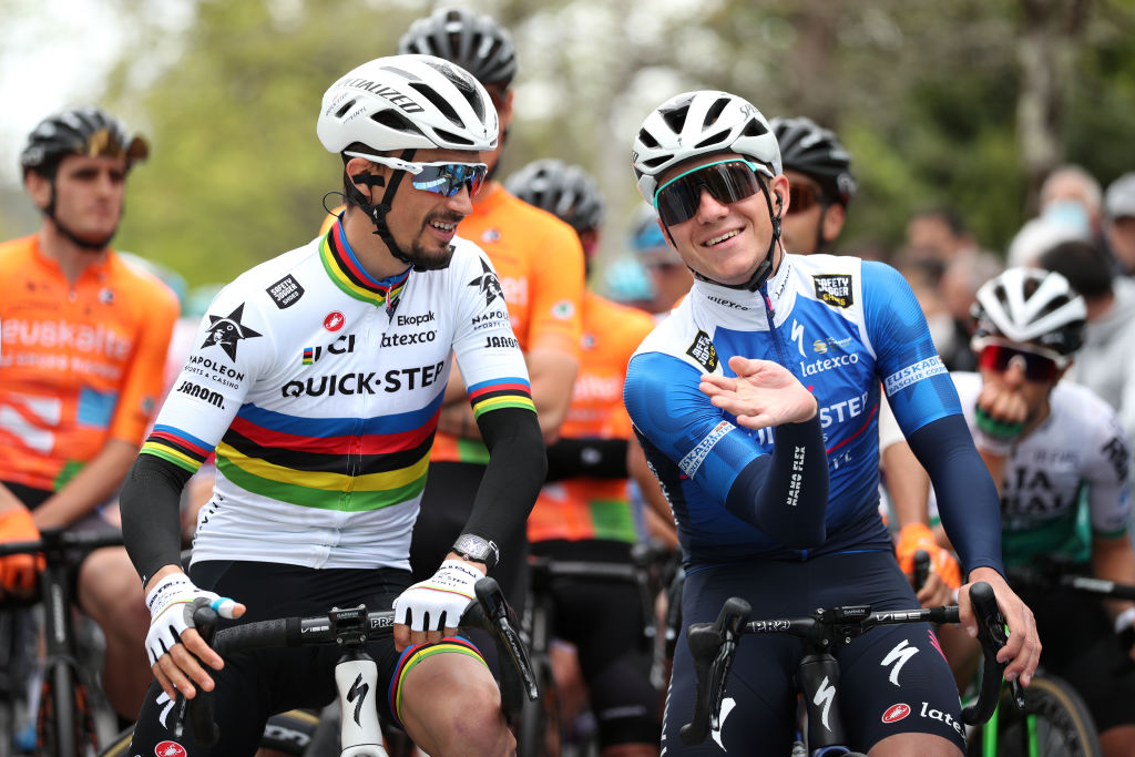 MALLABIA SPAIN APRIL 08 LR Julian Alaphilippe of France and Remco Evenepoel of Belgium and Team QuickStep Alpha Vinyl Blue Best Young Rider Jersey prior to the 61st Itzulia Basque Country 2022 Stage 5 a 1638km stage from Zamudio to Mallabia 305m itzulia WorldTour on April 08 2022 in Mallabia Spain Photo by Gonzalo Arroyo MorenoGetty Images