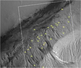 NASA's Curiosity rover is currently exploring the base of Mount Sharp. The Martian peak's base has features similar to Recurring Slope Lineae (RSL), which are caused by liquid water, but none are confirmed to be RSL. Sites 33, 36, 46, and 56 are closest to the rover.
