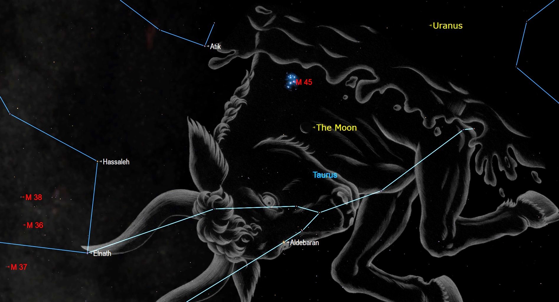 Starry Night graphic showing the moon and Taurus.