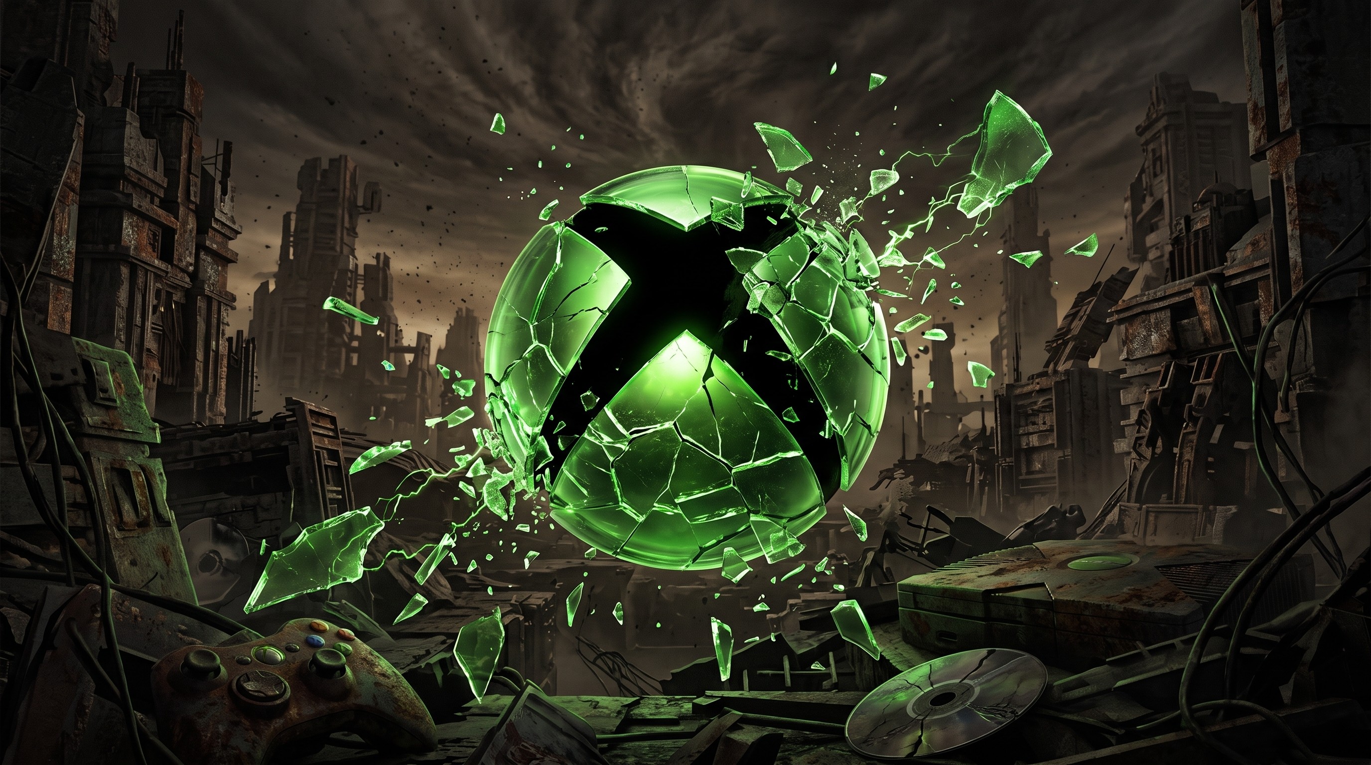 A glowing green, shattered Xbox sphere floats above a ruined, post-apocalyptic cityscape, with a weathered game controller and disc in the foreground.