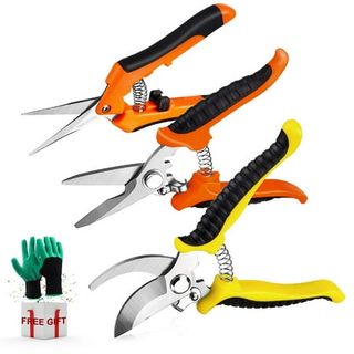 Muerk 3 Pack Garden Pruning Shears Stainless Steel Blades Handheld Pruners Set With Gardening Gloves