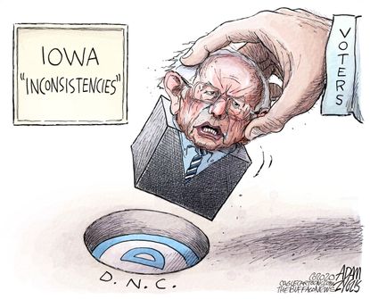 Political Cartoon U.S. Sanders Iowa DNC voter fit