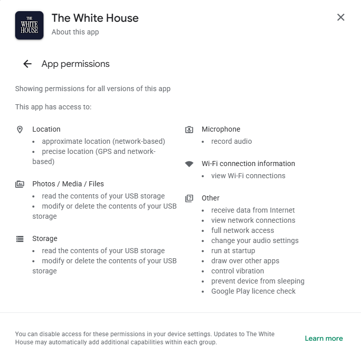 The app permissions requested by the Android White House app.