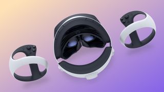 PlayStation VR2 headset from above on a purple and yellow background