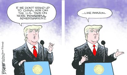 Political cartoon U.S. Trump trade war tariffs China Amazon
