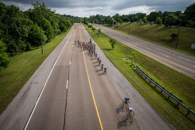 Riders try to sneak off the front early in the race at the US Pro Road Race National Championships on June 24, 2018 in Knoxville, Tennessee