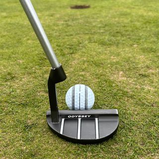 A putter placed behind a lined up TP5 Stripe golf ball