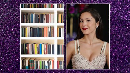 A closeup of a white bookshelf next to a headshot of Olivia Rodrigo on a purple sparkly background