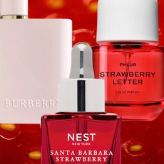 product collage of phlur Strawberry Letter Eau de Parfum, burberry Her Eau De Parfum Intense, Nest new york Santa Barbara Strawberry Perfume Oil on background of close-up of strawberry skin