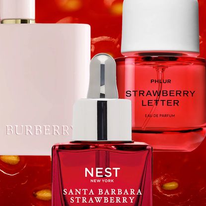 product collage of phlur Strawberry Letter Eau de Parfum, burberry Her Eau De Parfum Intense, Nest new york Santa Barbara Strawberry Perfume Oil on background of close-up of strawberry skin