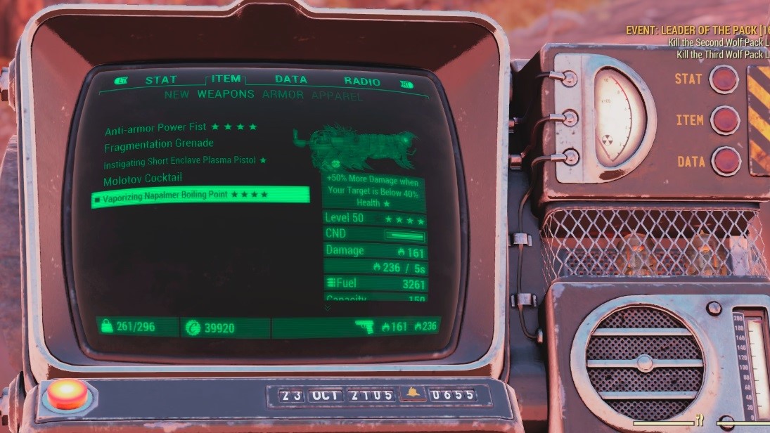 Pip Boy in Fallout 76 showing Vaporizing Napalmer Boiling Point Weapon (4 star legendary)