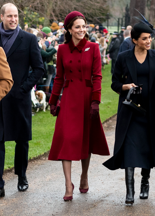 Prince Charles, Prince of Wales with Prince William, Duke of Cambridge, and Catherine, Duchess of Cambridge, Prince Harry, Duke of Sussex and Meghan, Duchess of Sussex attend Christmas Day Church service at Church of St Mary Magdalene on the Sandringham estate on December 25, 2018 in King's Lynn, England