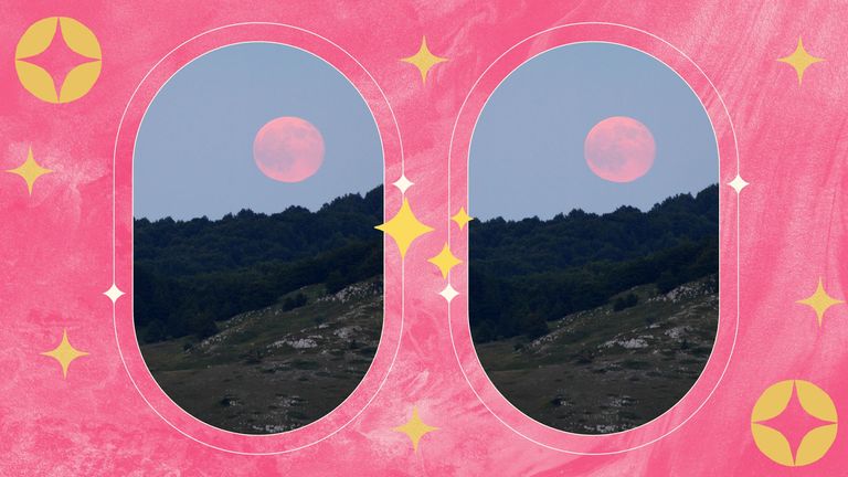 strawberry moon on pink starry background