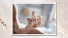A close up of a woman spraying a glass bottle of perfume onto her wrist/ in a gold and cream template