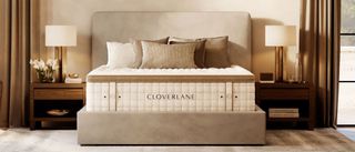 The Cloverlane Hybrid mattress placed upon a beige bed foundation within a stylish neutral bedroom 
