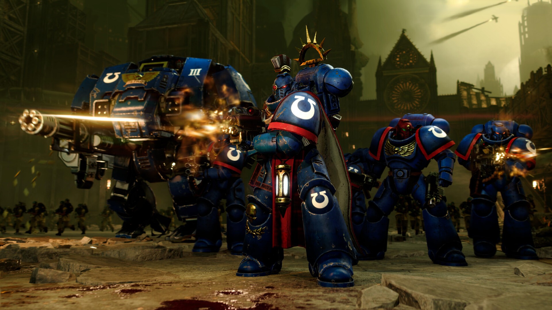 A group of armored warriors in blue and red with an emblem, surrounded by a dystopian cityscape. Intense action with weapons firing, exuding a tense, dynamic atmosphere.
