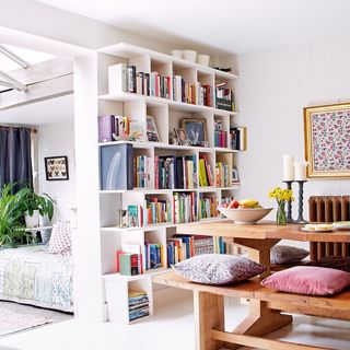 book shelves in dining room