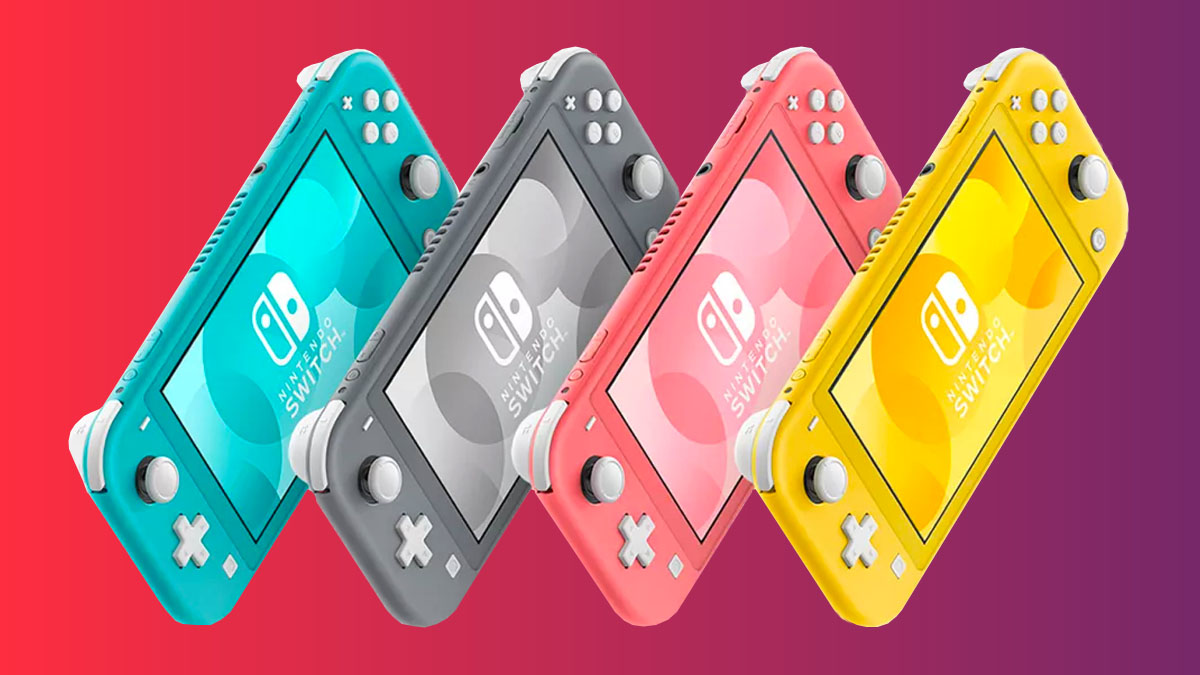 Product shots of various coloured Nintendo Switches on a colourful background
