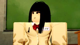A dark-haired schoolgirl stands in front of a school chalkboard and looks off to her right in Gakuran on Roblox.