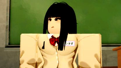 A dark-haired schoolgirl stands in front of a school chalkboard and looks off to her right in Gakuran on Roblox.