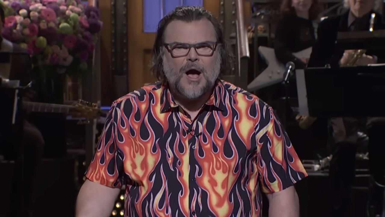 Jack Black in flames shirt hosting fifth episode of Saturday Night Live Season 43