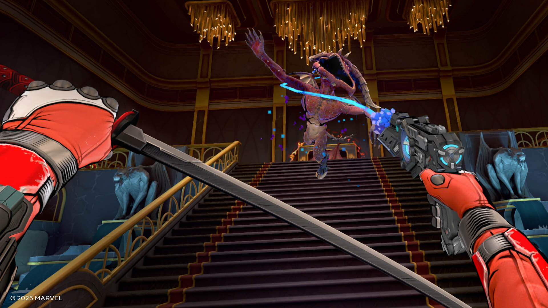 As a monster leaps down stairs towards Deadpool in Marvel's Deadpool VR, he blocks with a sword and uses a kind of laser grapple gun to catch it midair