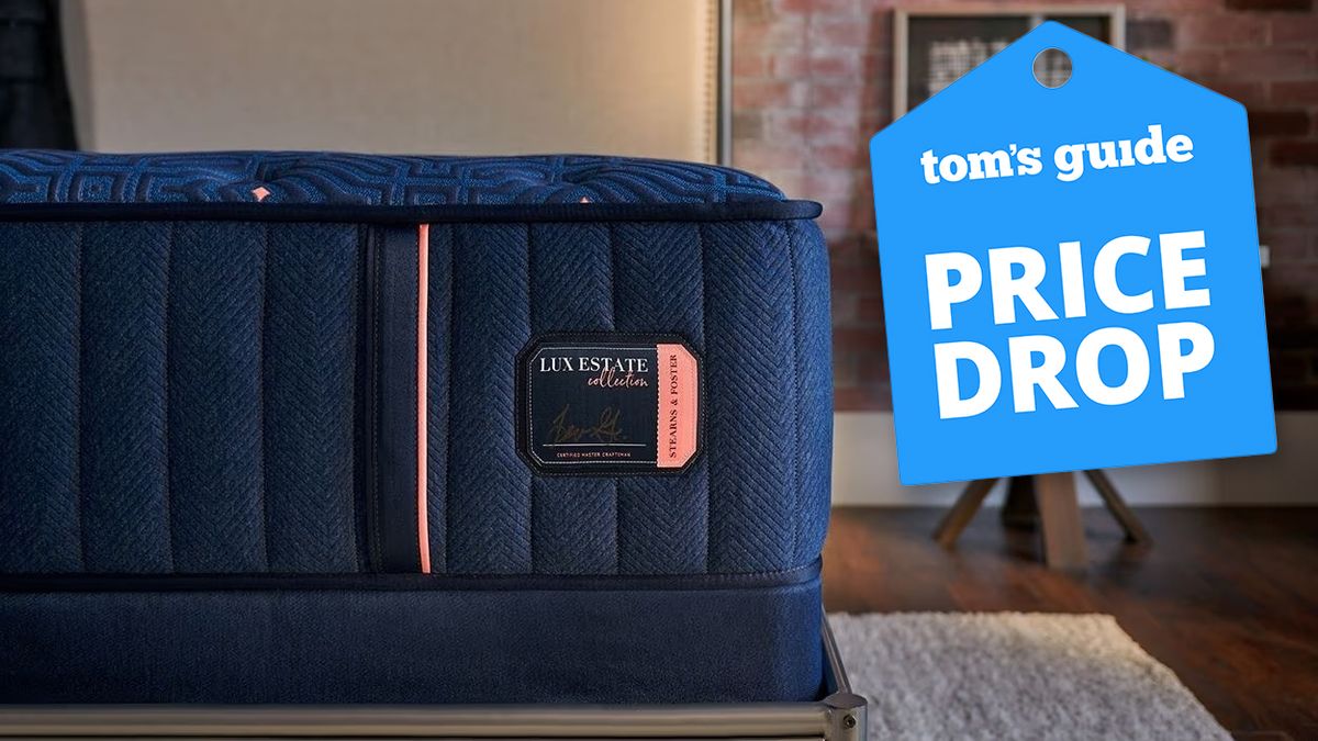 A closeup of the corner of the Stearns &amp; Foster Lux Estate mattress, a Tom&#039;s Guide price drop deals graphic (right)