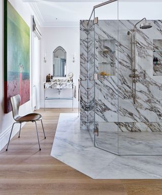 wood bathroom flooring with marble