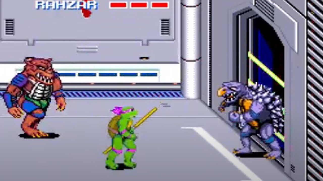 Tokka and Rahzar fighing Donatello in the video game, Teenage Mutant Ninja Turtles: Turtles in Time