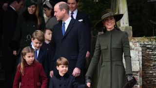 Britain's Princess Charlotte of Wales, Britain's Prince George of Wales, Britain's Prince William, Prince of Wales, Britain's Prince Louis of Wales and Britain's Catherine, Princess of Wales leave at the end of the Royal Family's traditional Christmas Day service
