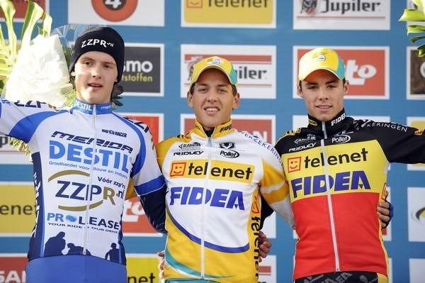 Michi Van Empel (2nd, Destil-ZZPR), Tom Meeusen (1st, Telenet Fidea) and Vincent Baestaens (3rd, Telenet Fidea)