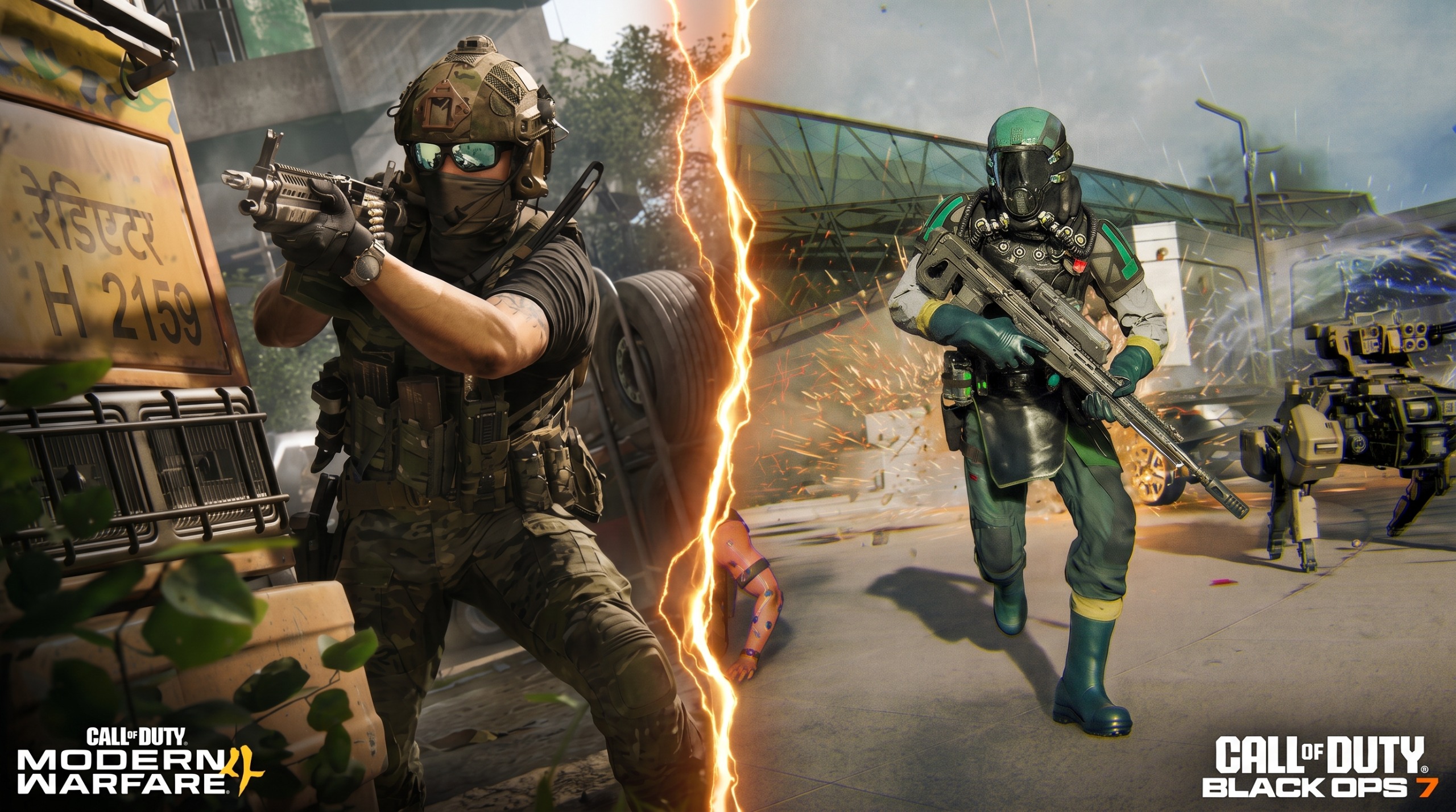 A composed image made up of promotional renders from Call of Duty: Black Ops 7 and Modern Warfare 4